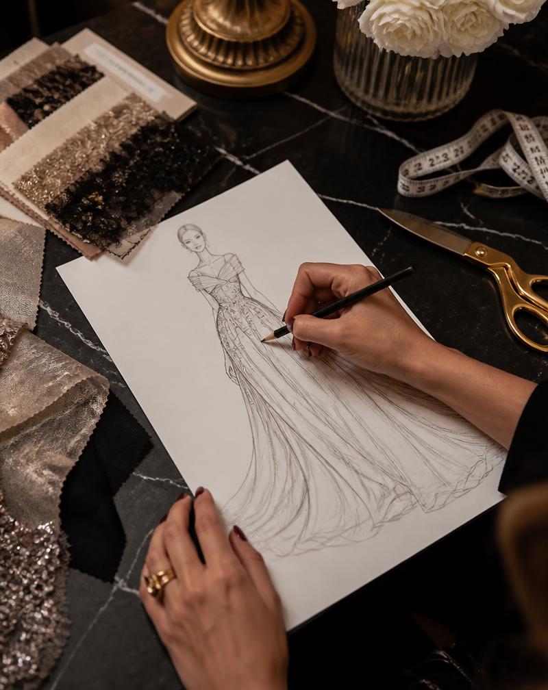 Fashion design sketch and fabric swatches
